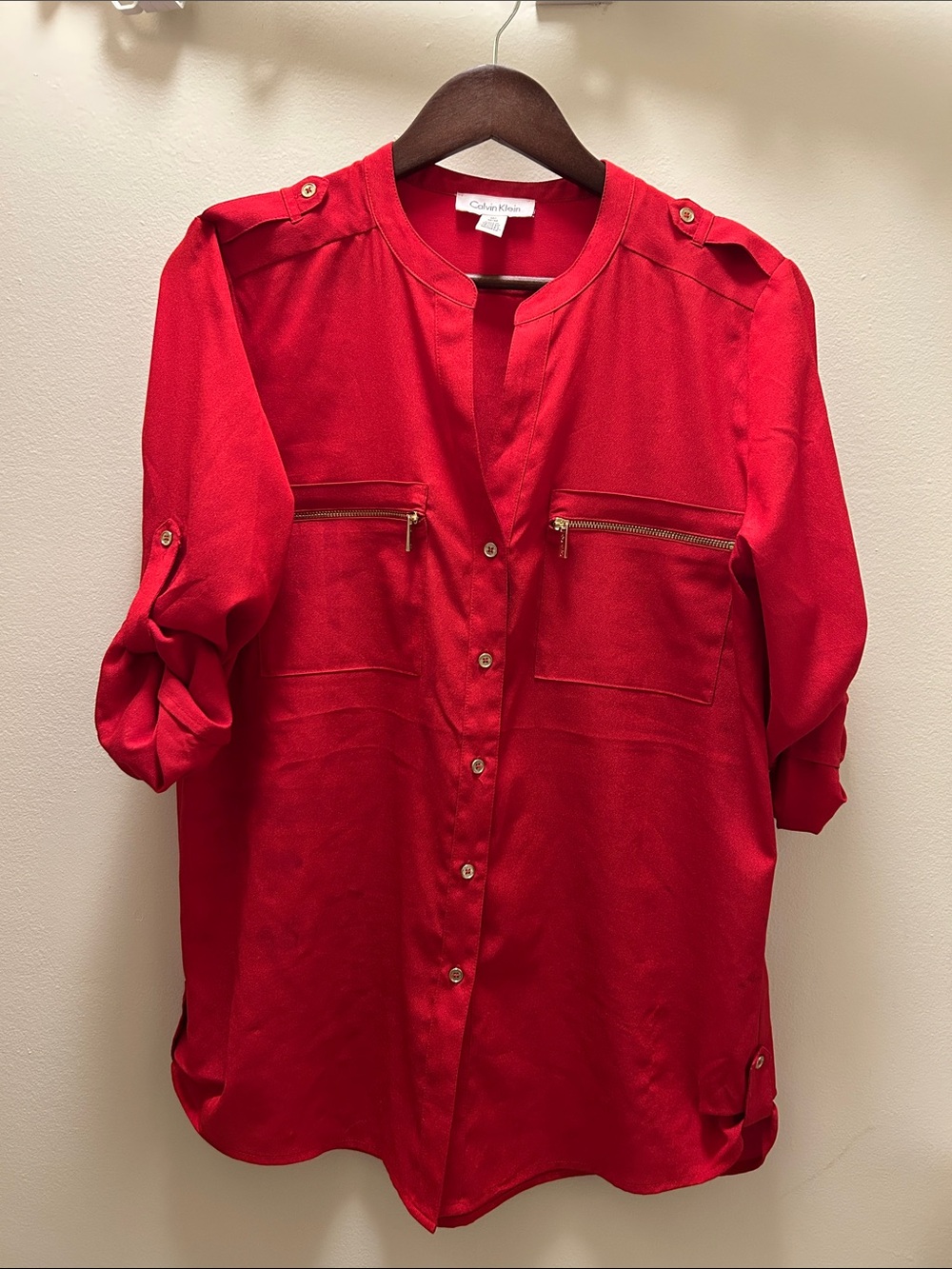 Calvin Klein Women's Red Front button blouse with Gold Zippers